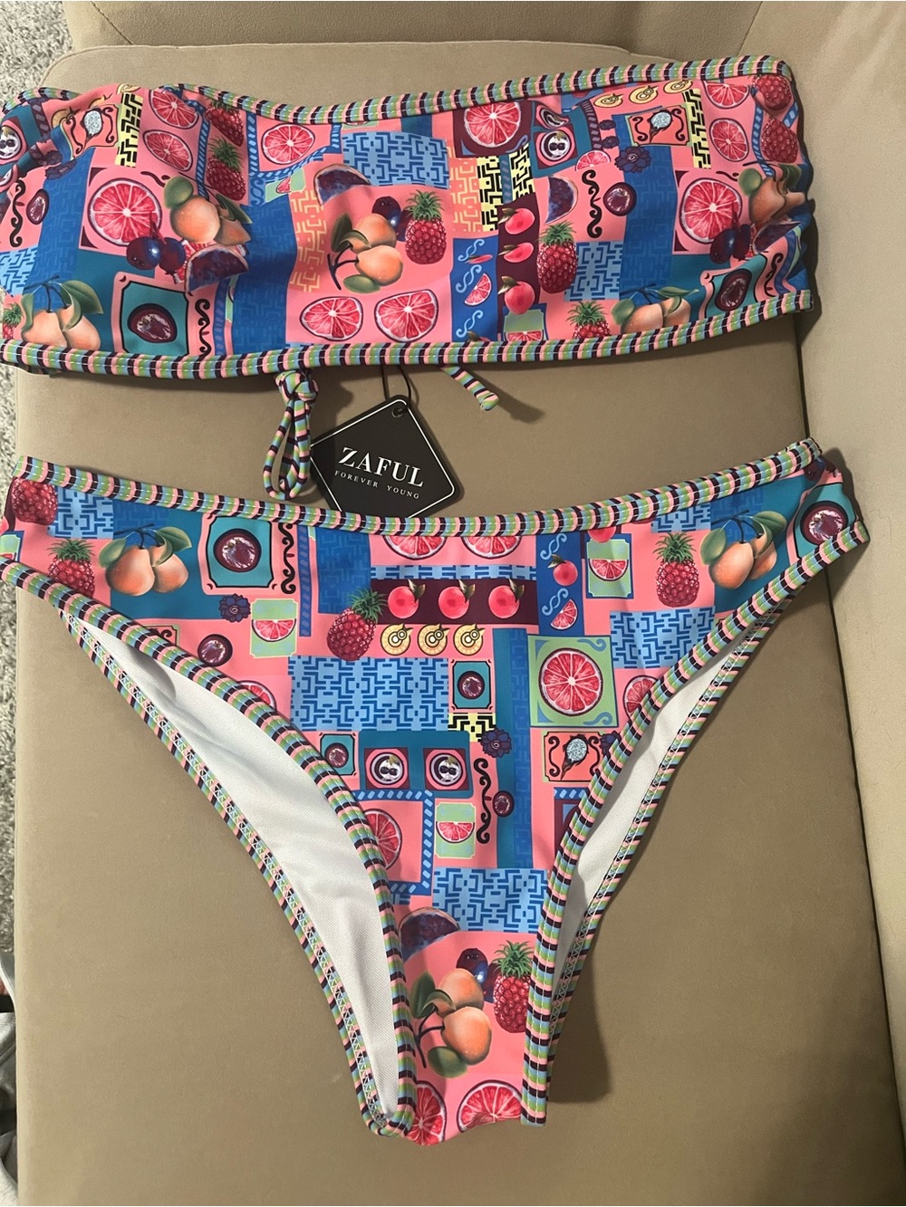 Zaful Patchwork Fruit Bandeau Bikini in Pink and Blue